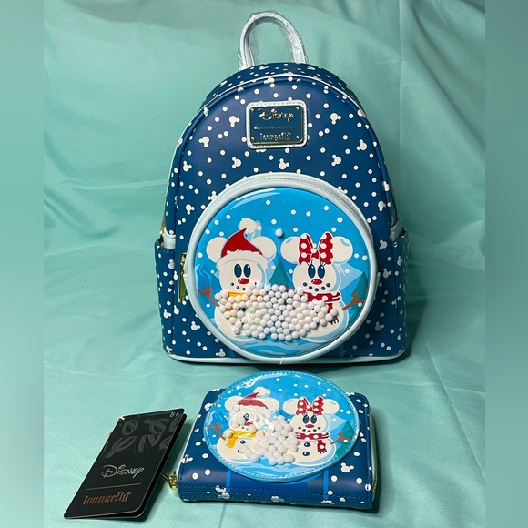 Disney x Loungefly Mickey & Minnie Snowman Snowglobe Backpack & Wallet